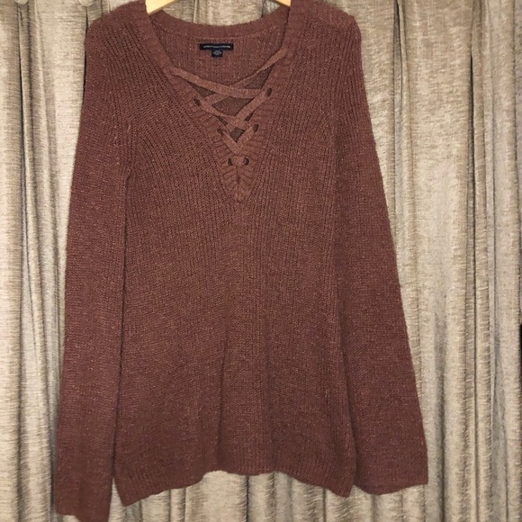 American Eagle Dusty Pink Lace Up Neckline Sweater - Picture 3 of 13